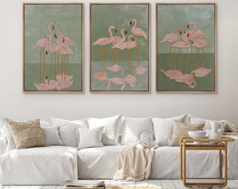 Pink Flamingo Framed Wall Art Set of 3, Coastal Bird Tropical Wildlife Canvas Print, Minimalist Nature Decor for Living Room