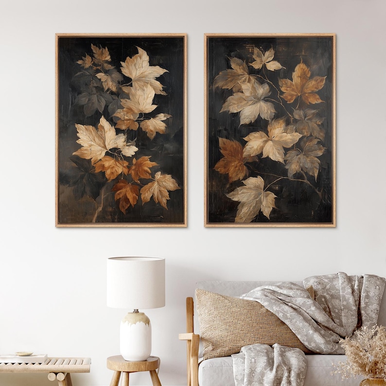 Golden Brown Leaf Wall Art Set of 2, Framed Modern Rustic Botanical ...
