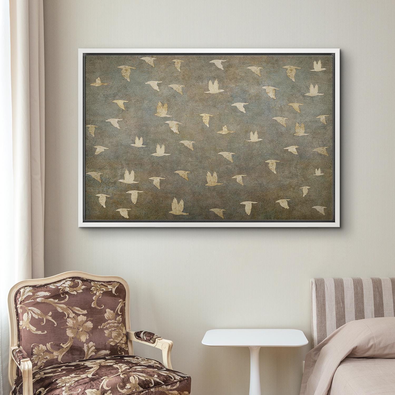 Framed Canvas Wall Art Prints Abstract Flying Flock of Birds in Neutral Tones Rustic Nature Wall Decor Minimalist Artwork Living Room Decor