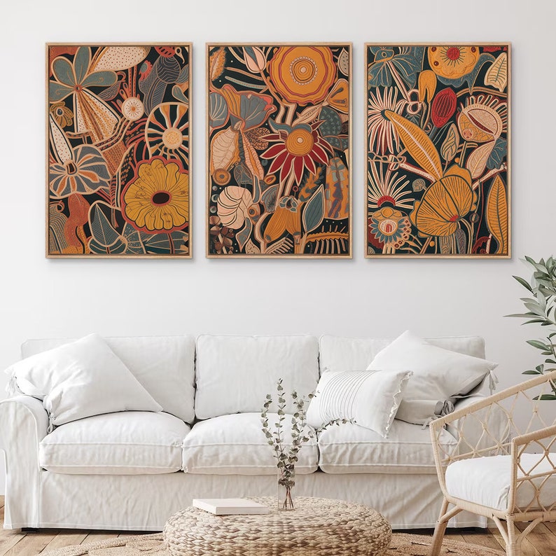 Ensemble d'art mural sur toile encadré, bouquet de fleurs, impressions botaniques florales, art moderne du milieu du siècle, décoration murale bohème bundle of 3 - Wood