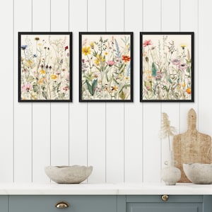 Vintage Wildflower Wall Art Set of 3, Framed Botanical Floral Canvas ...
