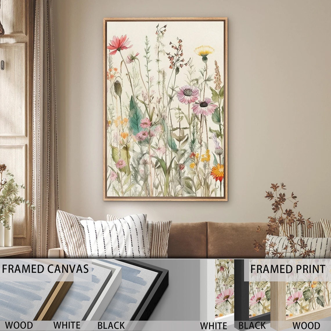 Framed Canvas Wall Art Set Watercolor Wildflowers Floral Botanical Prints  Minimalist Modern Art Boho Wall Decor 