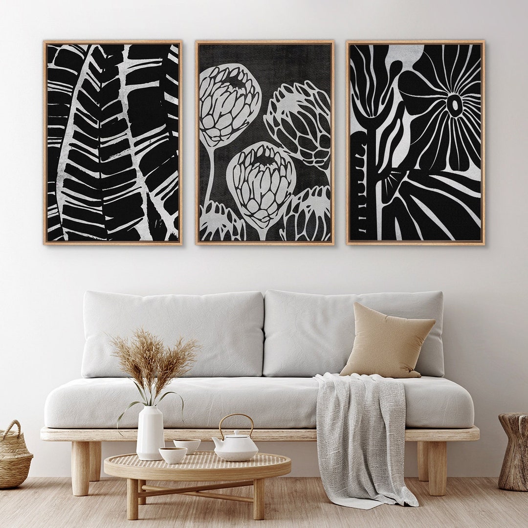 Framed Canvas Wall Art Set Black Abstract Floral Botanical Prints ...