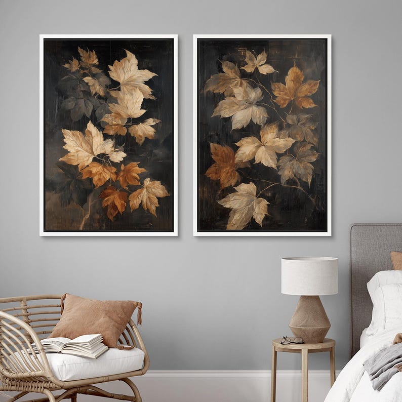 Golden Brown Leaf Wall Art Set of 2, Framed Modern Rustic Botanical ...