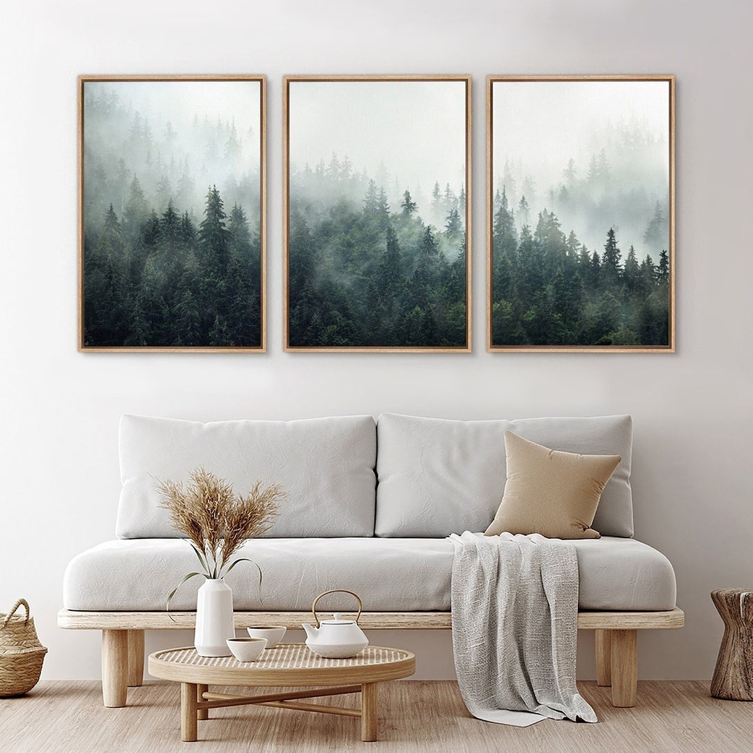 Framed Canvas Wall Art Set of 3 Green Misty Forest Mountain Landscape ...