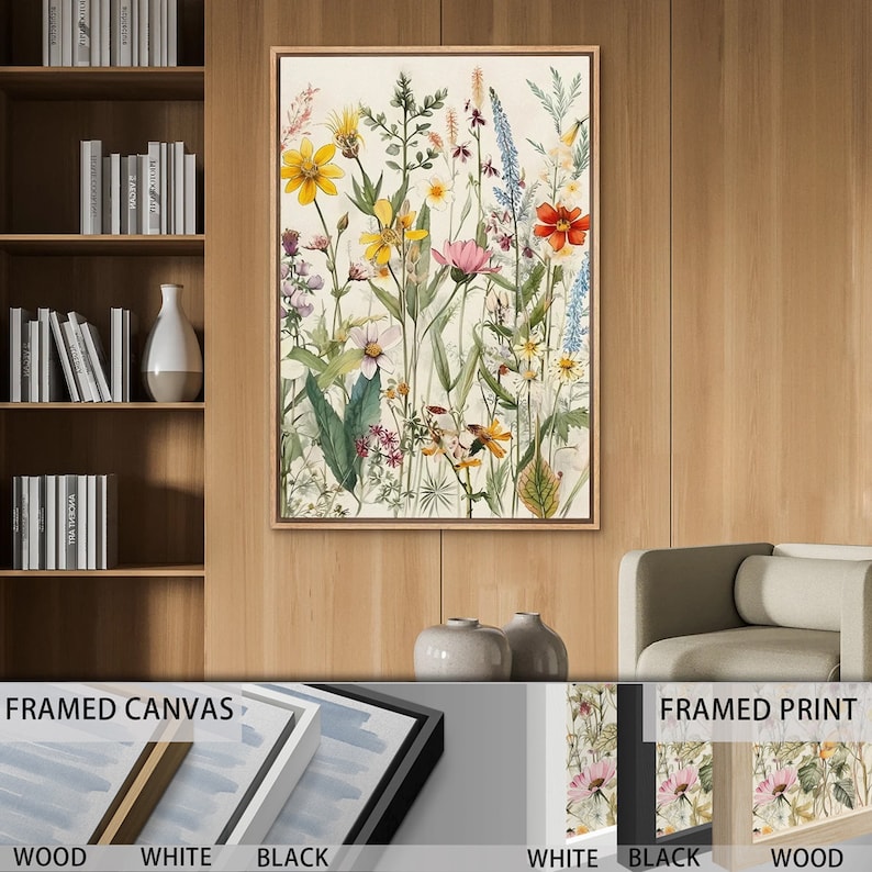 Framed Canvas Wall Art Set Watercolor Wildflowers Floral Botanical Prints Minimalist Modern Art Boho Wall Decor image 8