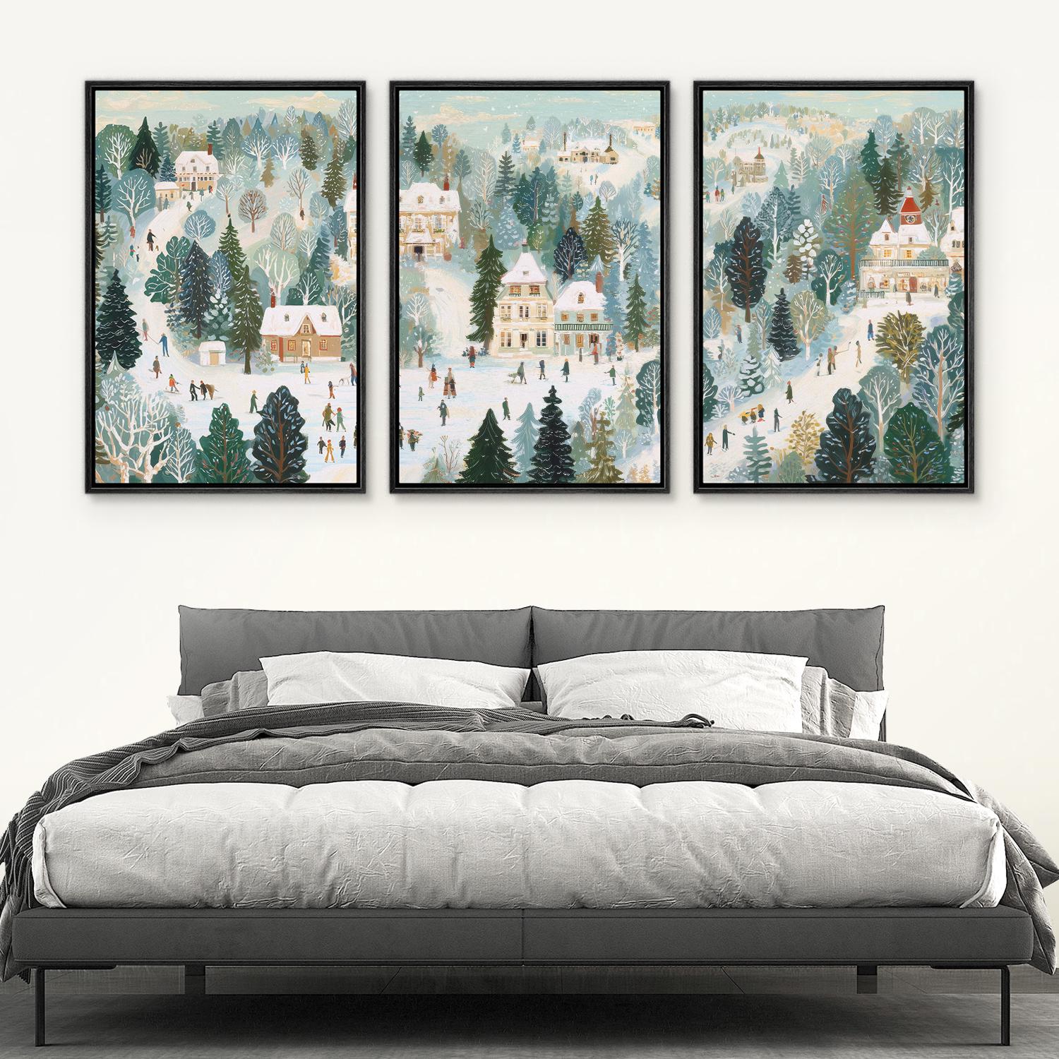 Framed Winter Village Wall Art Set of 3, Snowy Christmas Town Canvas ...