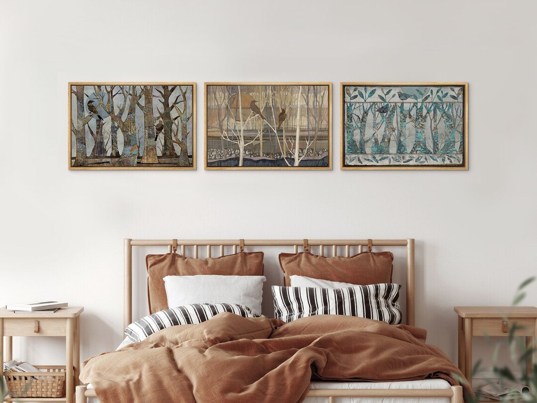 Framed Canvas Wall Art Set of 3 Abstract Trees Nature Rustic Landscape ...