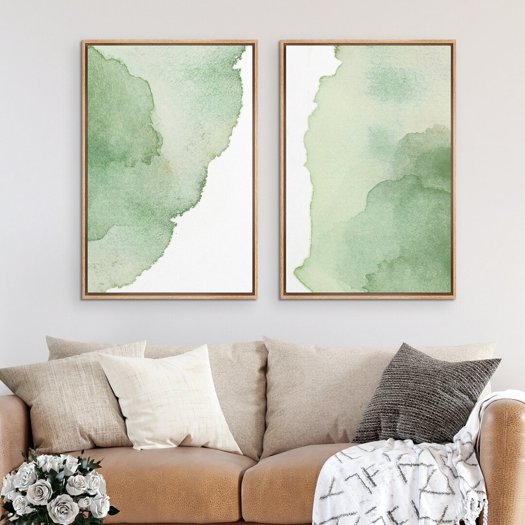 Framed Canvas Wall Art Set of 2 Sage Green Watercolor Abstract Print ...
