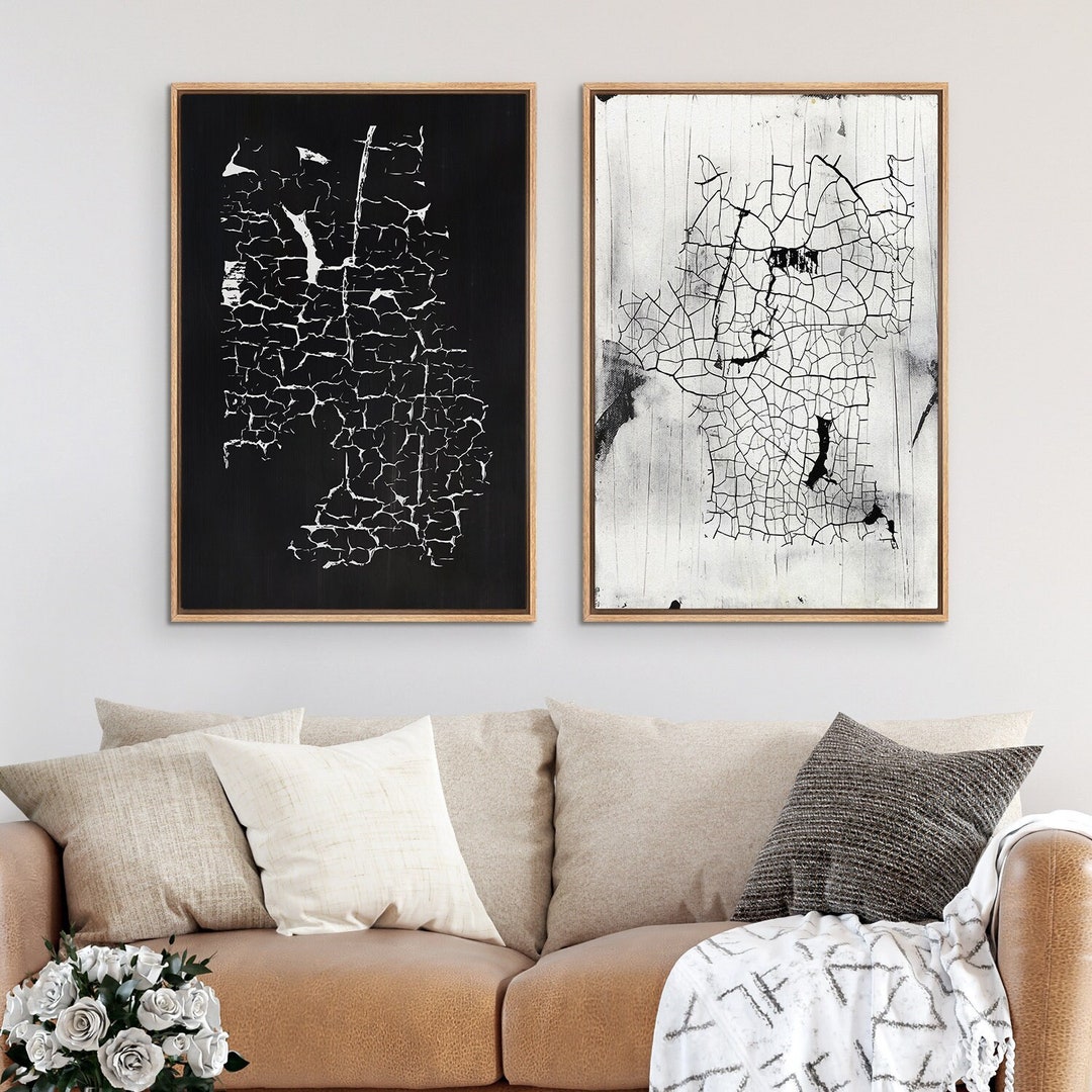 Framed Canvas Wall Art Set of 2 Black and White Grunge Abstract Print ...