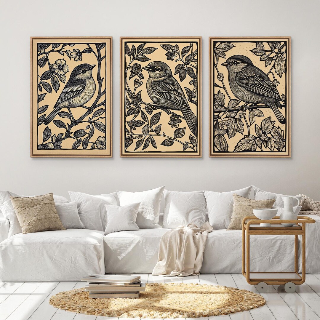 Framed Vintage Bird Wall Art Set of 3, Neutral Nature Botanical Bird ...