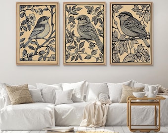 Framed Vintage Bird Wall Art Set of 3, Neutral Nature Botanical Bird Canvas Prints, Antique Style Woodland Artwork for Living Room Decor