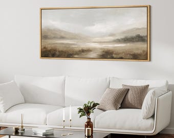 Neutral Marsh Landscape Wall Art, Large Framed Misty Wetland Horizon Canvas Print, Minimalist Nature Decor for Living Room