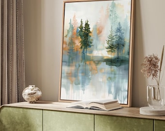 Misty Forest Framed Wall Art, Abstract Pine Tree Landscape Canvas Print, Blue Green Nature Decor for Living Room