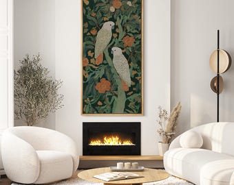 Large Framed Tropical Parrot Wall Art, Botanical Jungle Bird Canvas Print, Vintage Exotic Cockatoo Artwork, Green Floral Nature Home Decor