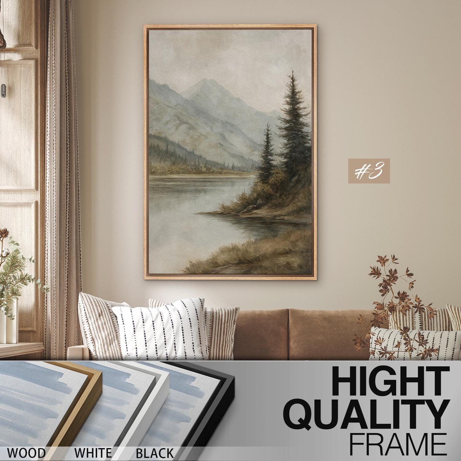 Mountain Lake Wall Art Set of 3 - Framed Pine Tree & River Canvas ...