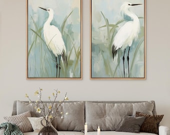 Heron Wall Art Set of 2 - Framed Minimalist Crane Canvas Prints, Elegant White Birds in Grass, Pastel Nature Paintings, Living Room Decor