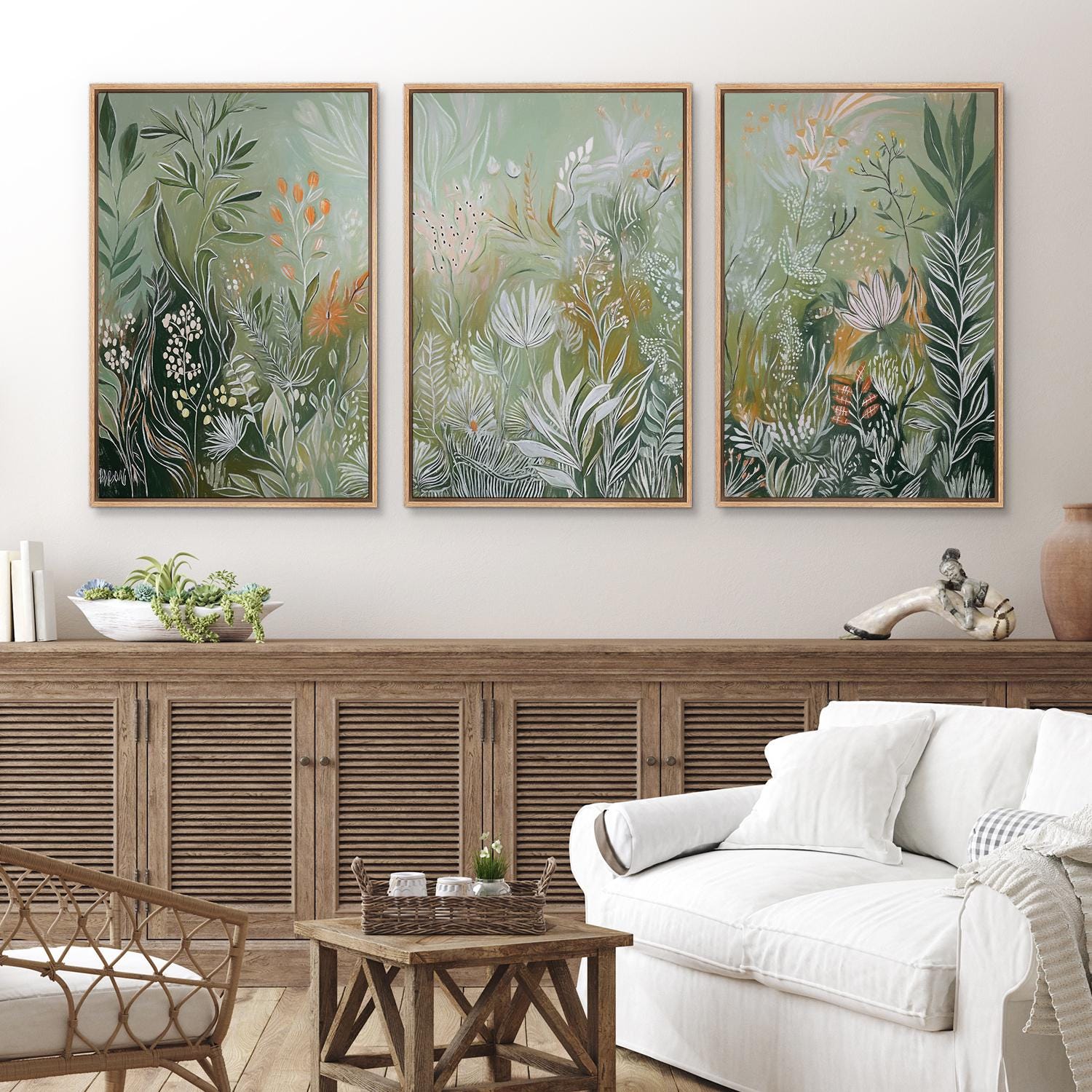 Lush Green Botanical Wall Art - Set of 3 Framed Wildflower Canvas