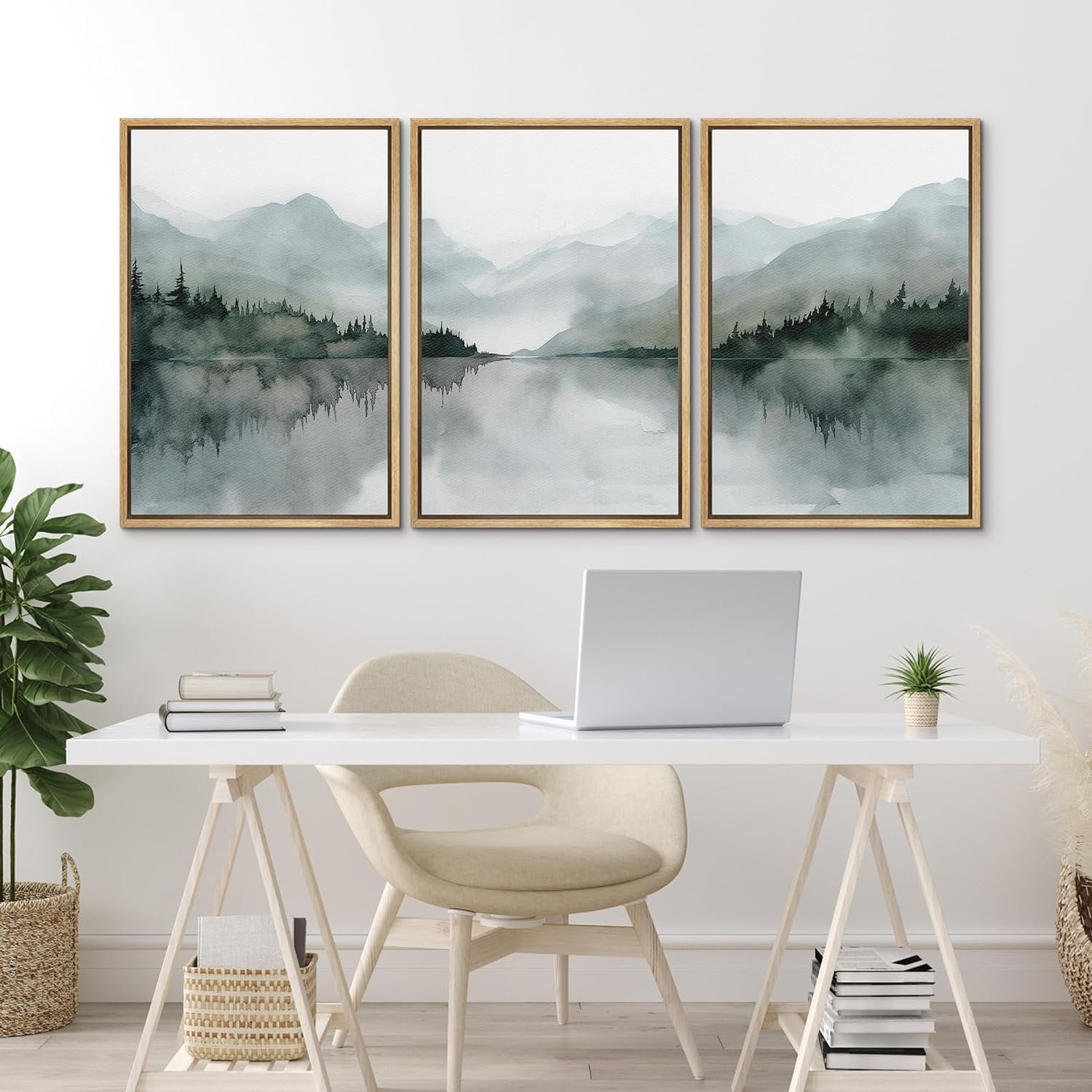 Framed Canvas Wall Art Prints Set of 3 Misty Forest Lake Mountain ...