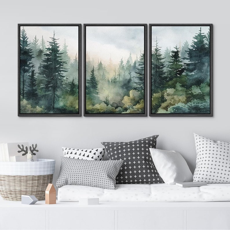 Framed Canvas Wall Art Set of 3 Green Watercolor Forest Landscape ...