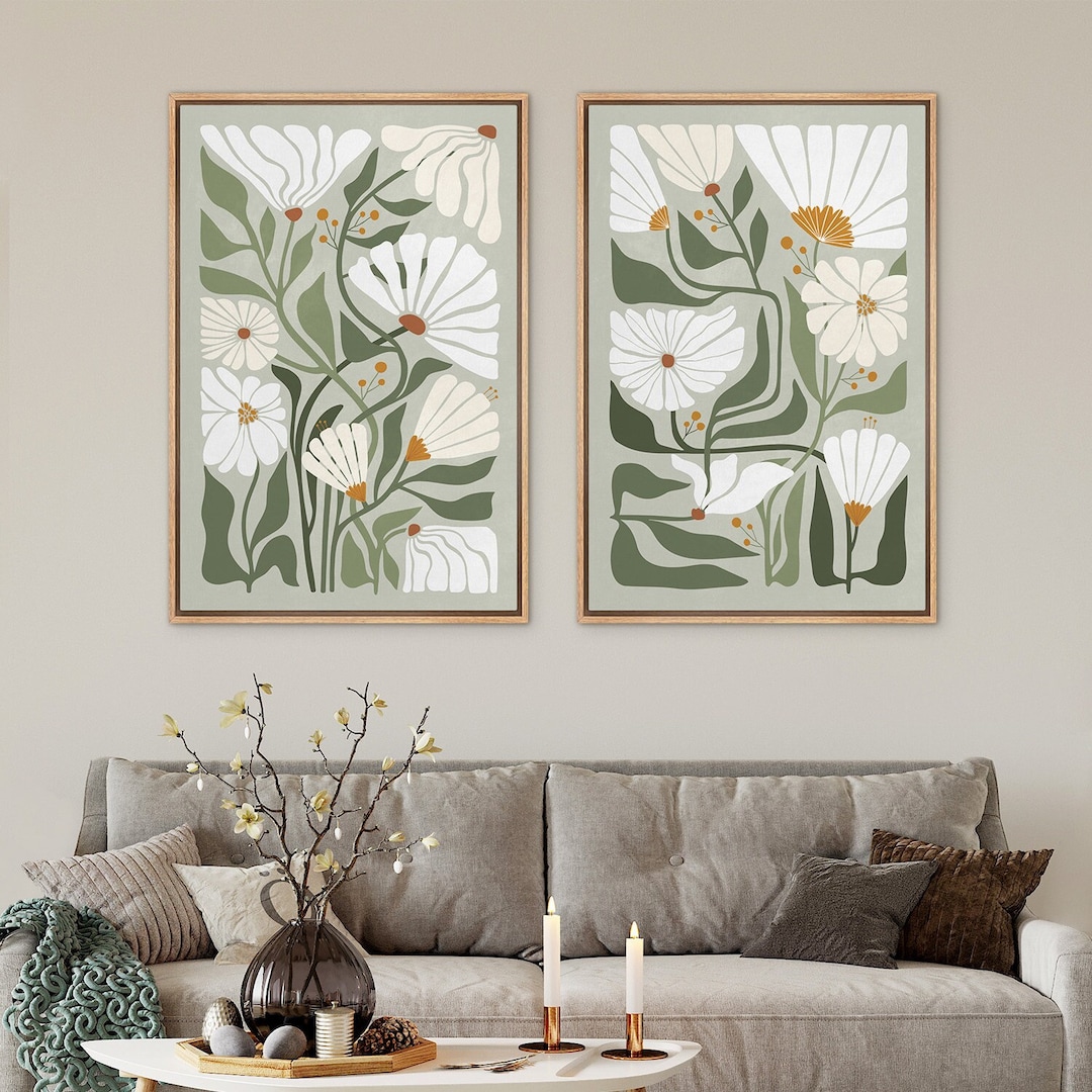 Framed Canvas Wall Art Prints Set of 2 Abstract Green Botanical Floral ...