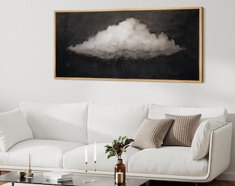 Minimalist Rain Cloud Wall Art, Large Framed Abstract Moody Gray & Black Canvas Print, Contemporary Atmospheric Decor for Living Room