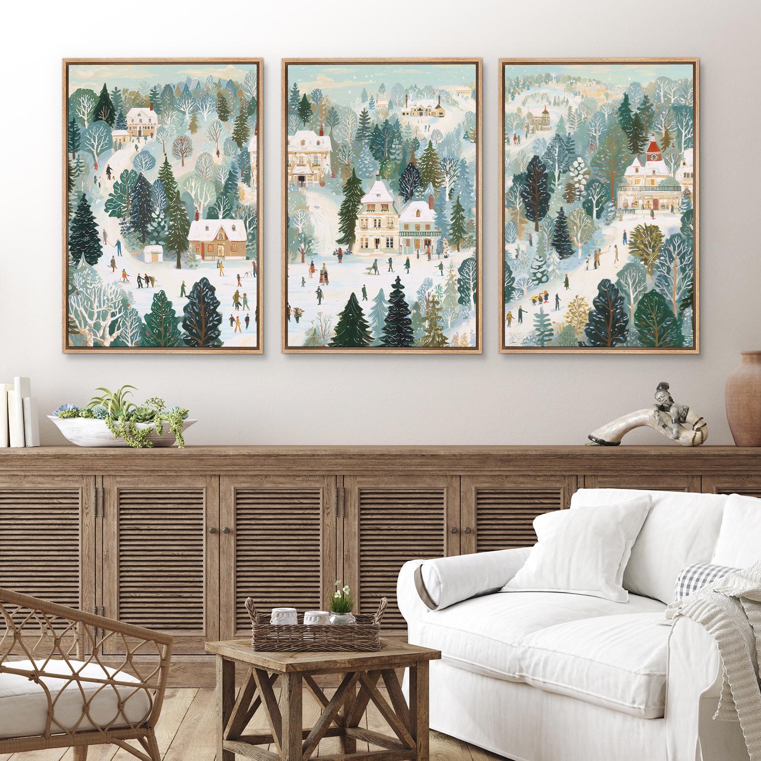Framed Winter Village Wall Art Set of 3, Snowy Christmas Town Canvas ...