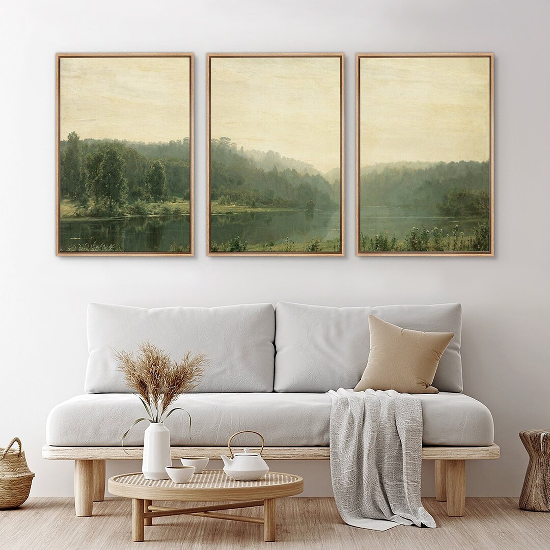Framed Canvas Wall Art Set Green Forest Lake Vintage Landscape Prints ...