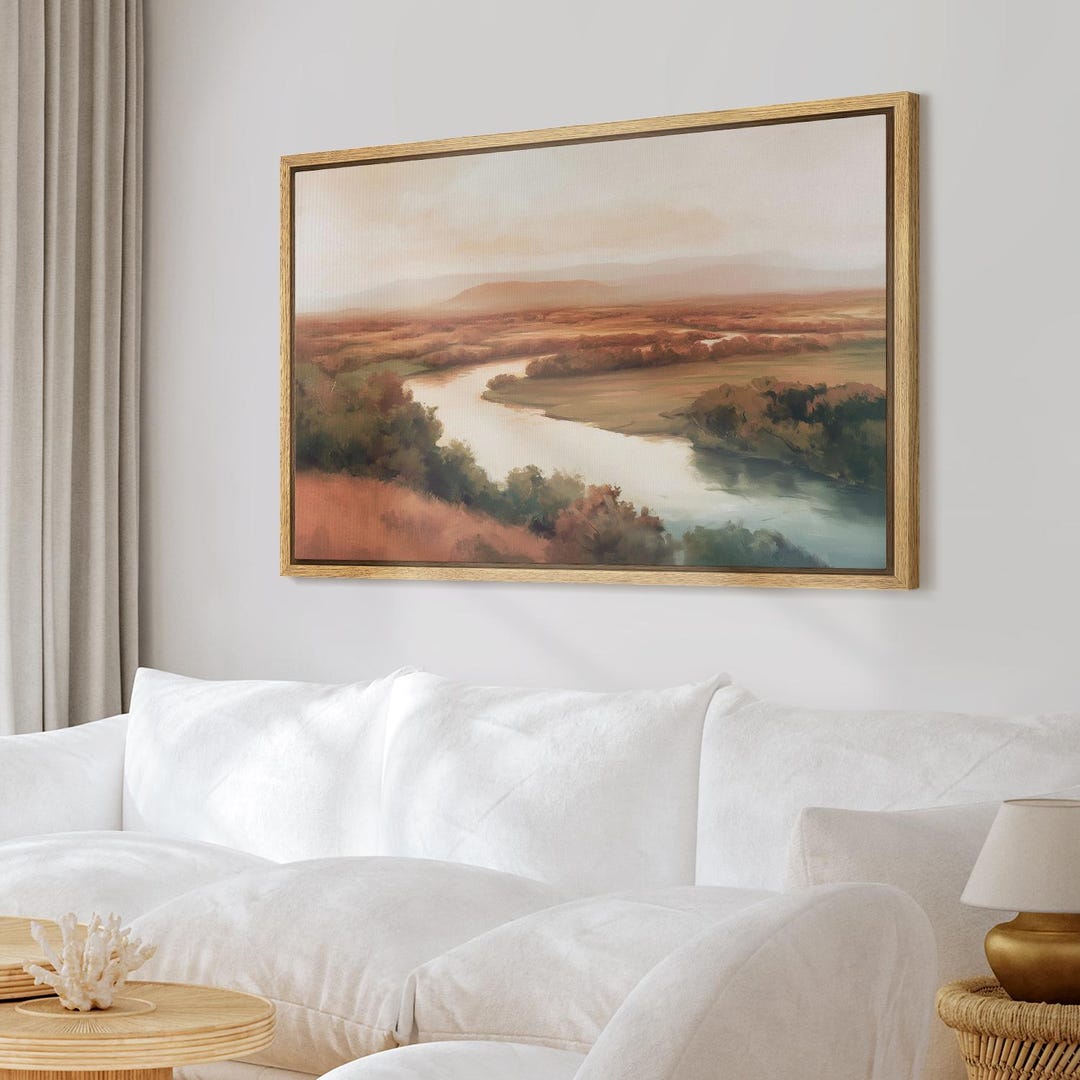 Framed River Valley Landscape Wall Art, Rustic Countryside River Canvas ...