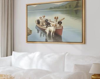Dogs in Rowboat Lake Scene Wall Art - Framed Charming Playful Animal Canvas Print, Rustic Cabin or Lake House Decor