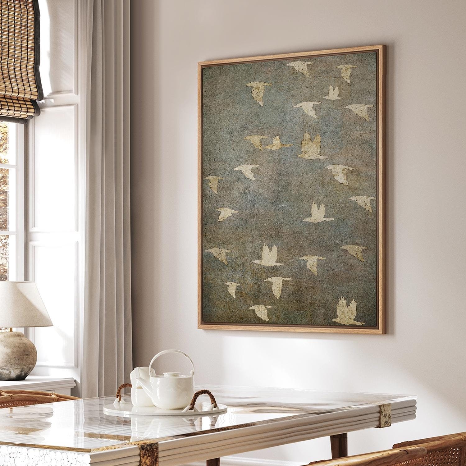 Framed Canvas Wall Art Prints Abstract Flying Flock of Birds in Neutral Tones Rustic Nature Wall Decor Minimalist Artwork Living Room Decor