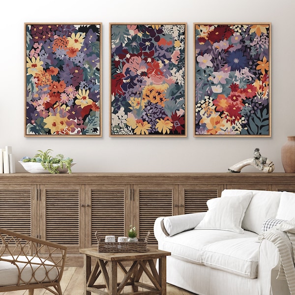 Framed Canvas Wall Art Set of 3 Multicolor Wildflower Floral Botanical Prints Minimalist Modern Art Boho Wall Decor Living Room