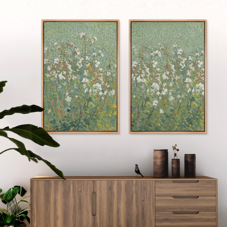 Framed Canvas Wall Art Set of 2 Green Abstract Wildflower Floral Prints ...