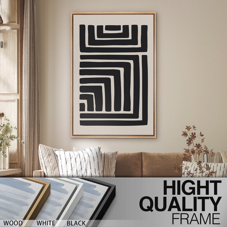 Framed Canvas Wall Art Prints Set of 3 Black Geometric Abstract Line ...