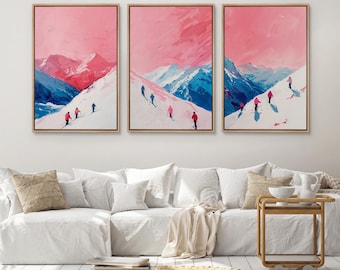Framed Canvas Wall Art Set of 3 Vibrant Skiers in Mountain Winter Skiing Wall Art Pink Blue Pastel Oil Painting Bold Artwork for Living Room