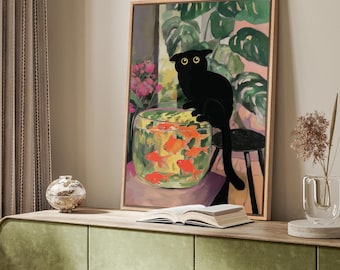 Whimsical Cat Wall Art - Framed Black Cat & Goldfish Canvas Print, Colorful Fish Bowl Painting for Playful Kitchen or Kids Room Decor