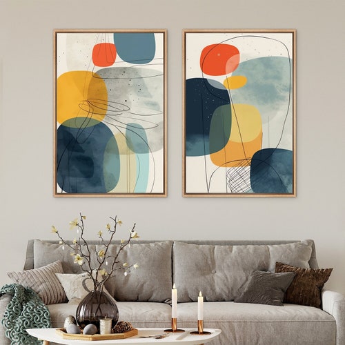 Framed Canvas Wall Art Prints Set of 2 Colorful Polygon Abstract Shapes Geometric Print Mid Century Modern Wall Art Minimalist Wall Decor