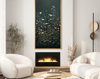 Large Framed Moody Botanical Wildflower Wall Art, Dark Green Floral Canvas Print, Elegant Nature Artwork for Living Room Decor