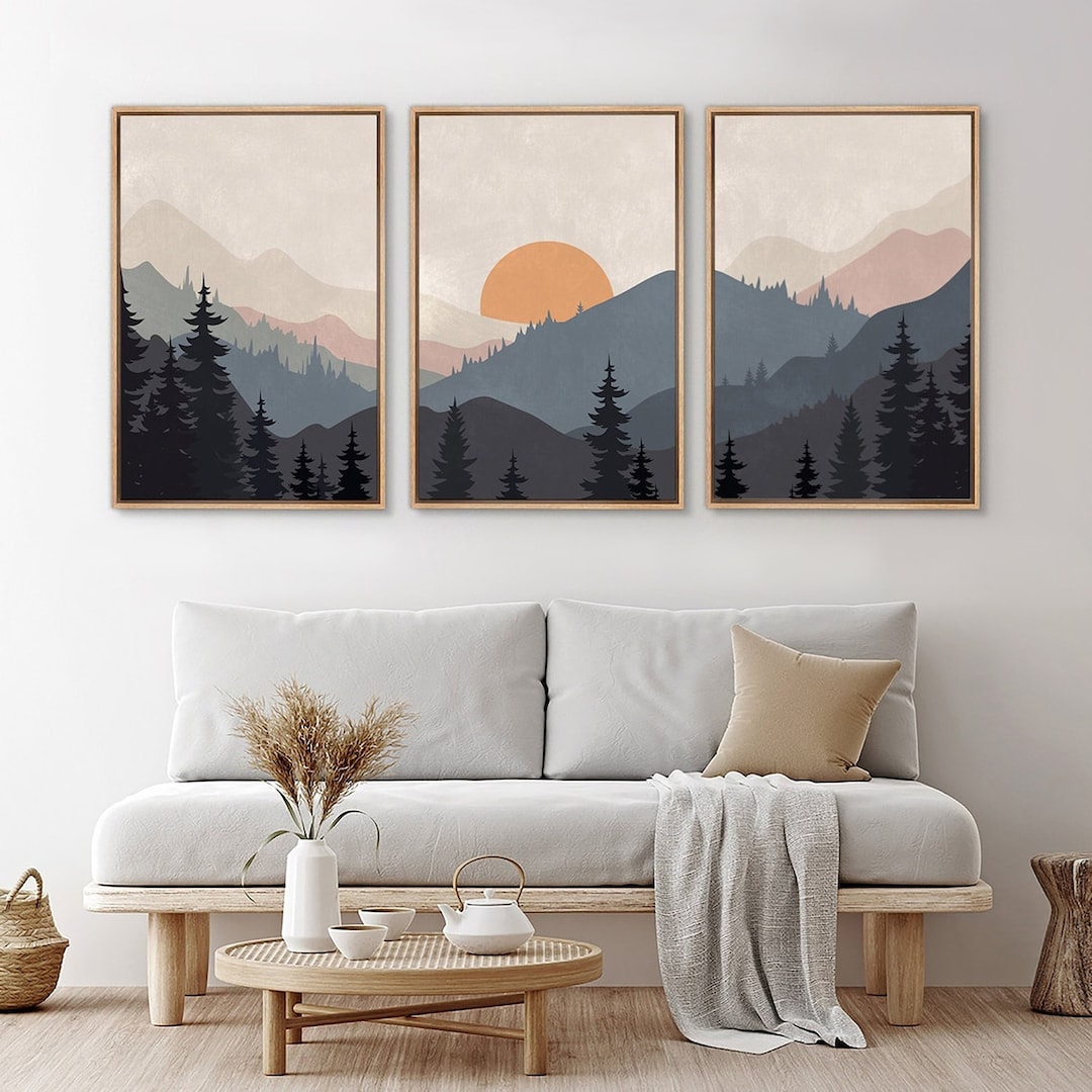 Framed Canvas Wall Art Set of 3 Sunset Mountain Landscape Abstract ...