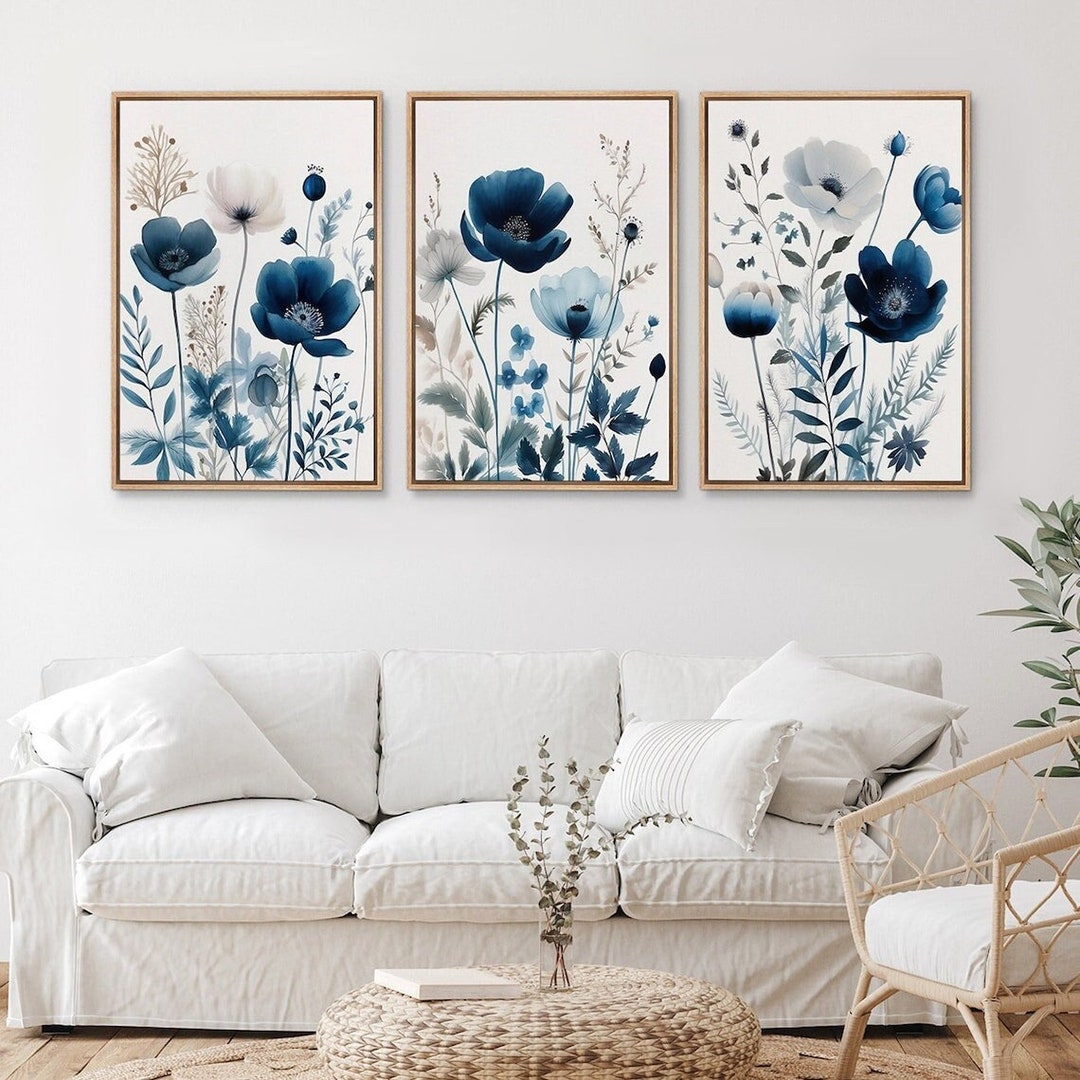 Framed Canvas Wall Art Prints Set of 3 Navy Blue Wildflowers Botanical ...