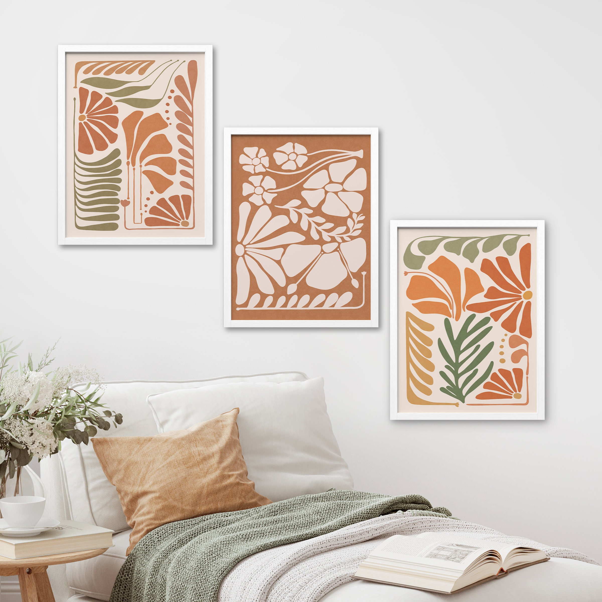 Boho Flowers Wall Art Set Of 3 - 16x24 Wood Framed Botanical Prints For Living Room Decor