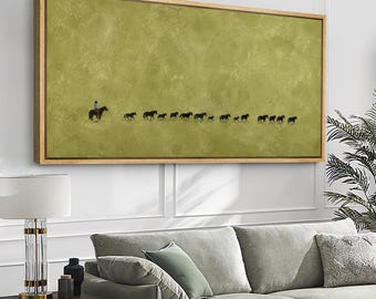 Large Cowboy Cattle Drive Framed Wall Art, Olive Green Ranch Canvas Print, Minimal Western Artwork, Rustic Farmhouse Decor