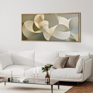 May include: A rectangular wall art piece featuring an abstract composition of overlapping curved shapes in shades of sage green, cream, and soft gray. The artwork is enclosed in a thin, light-toned wooden frame and displayed horizontally.