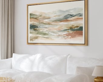 Framed Abstract Mountain Landscape Wall Art, Neutral Earth Tone Nature Canvas Print, Modern Minimalist Artwork for Bedroom Decor