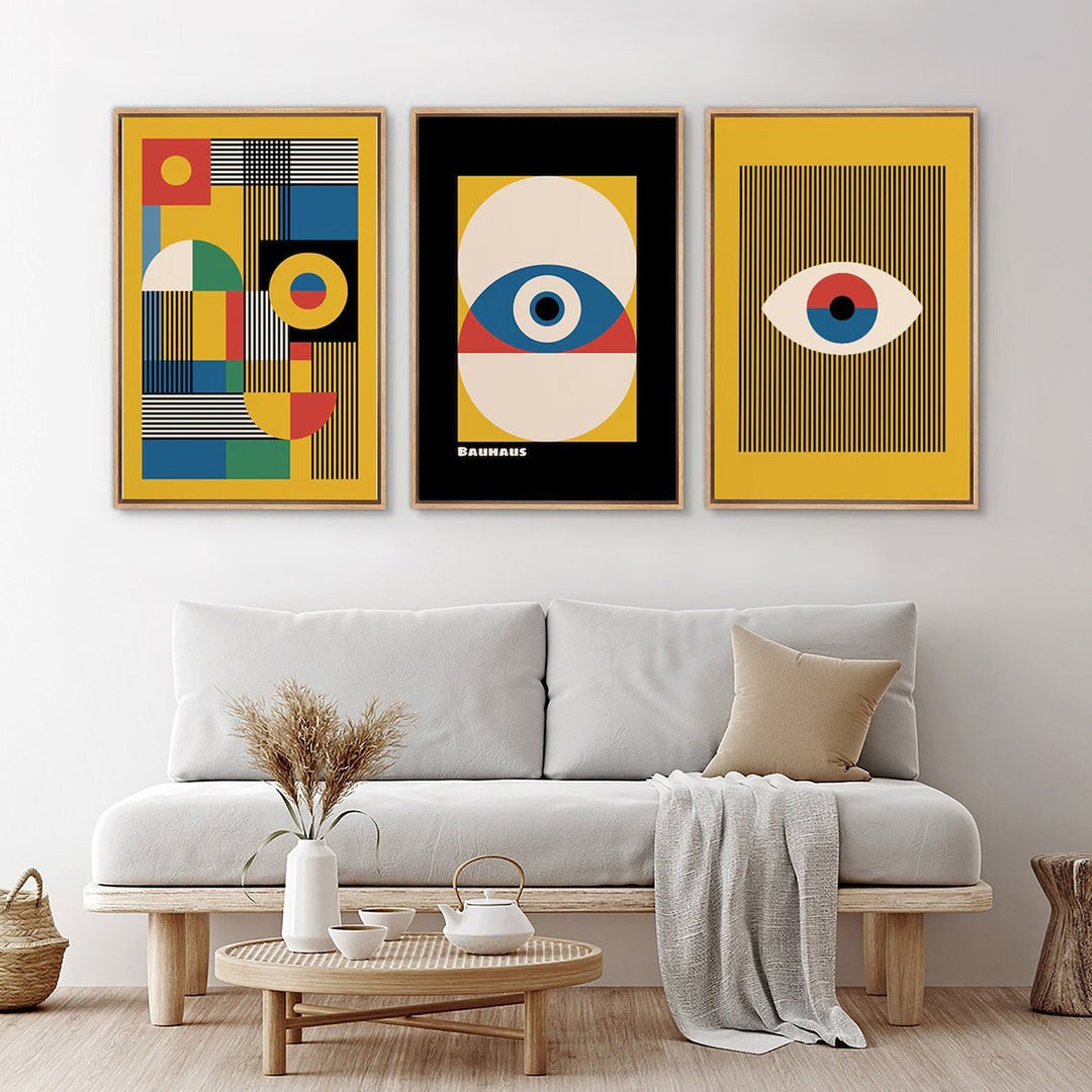 Framed Canvas Wall Art Set Bauhaus Geometric Abstract Prints Mid ...