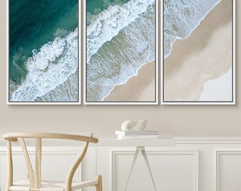 Framed Canvas Wall Art Set of 3 Emerald Green Beach Ocean