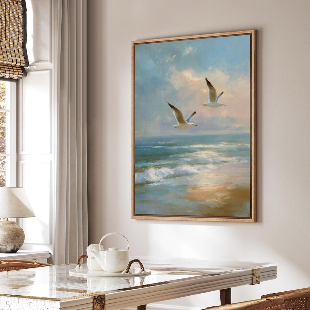 Seagull Ocean Wall Art - Framed Minimalist Bird Canvas Print, Coastal ...