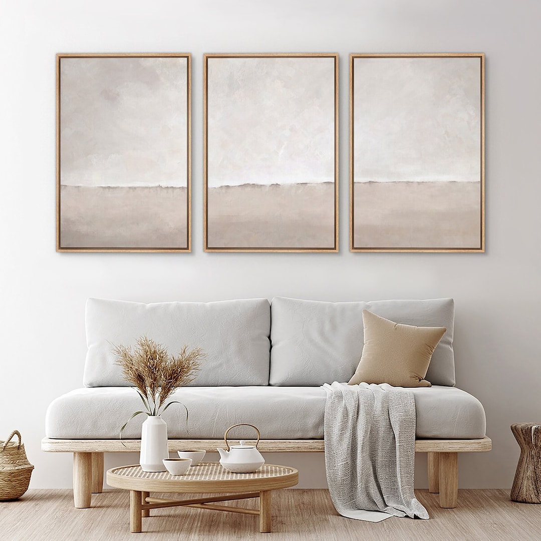 Framed Canvas Wall Art Set of 3 Beige Grey Abstract Landscape Prints ...