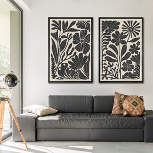 Lienzo enmarcado, conjunto de arte de pared, estampados botánicos florales abstractos, arte moderno minimalista, decoración de pared Boho bundle of 2 - Black
