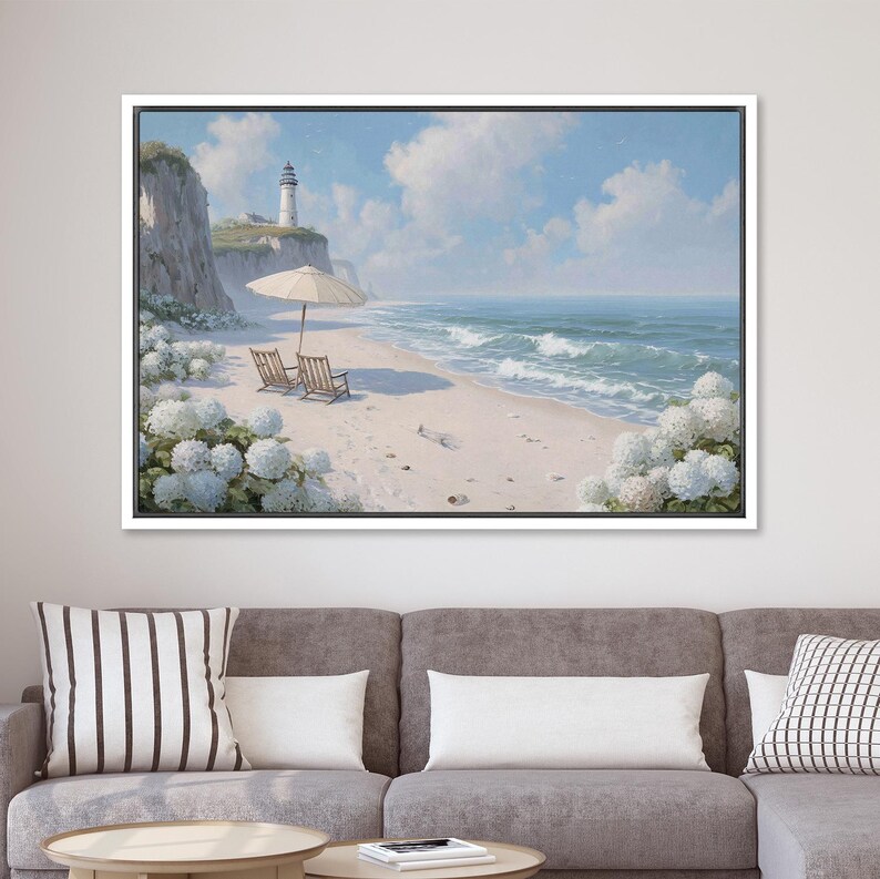 Summer Coastal Wall Art - Framed Beach Canvas Print, Hydrangea ...